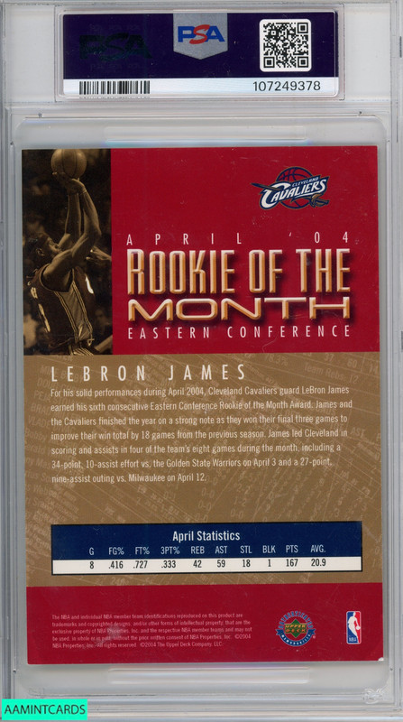 2003 UD ROOKIE OF THE MONTH AUTOGRAPH LEBRON JAMES OCTNOV 03 1 OF 23 PSA AUTO 10 view 2