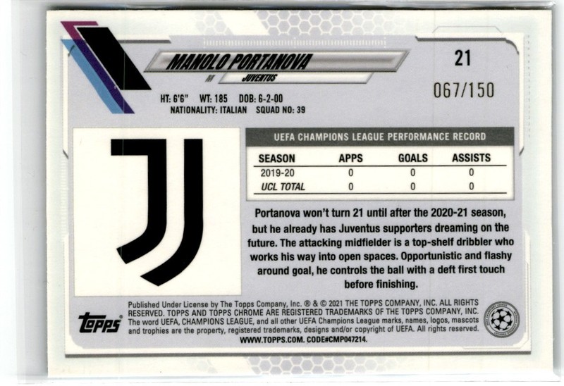 2020 TOPPS CHROME UEFA SAPPHIRE AQUA MANOLO PORTANOVA RC /150 #21 view 2