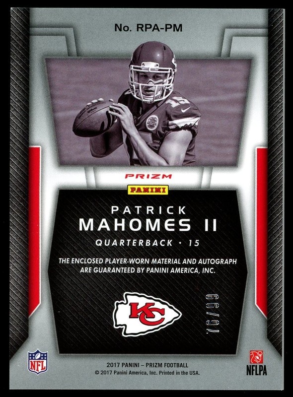 Patrick Mahomes 2017 Panini Prizm Rookie Patch Auto 3 Color Patch RPA 76/99 RC view 2