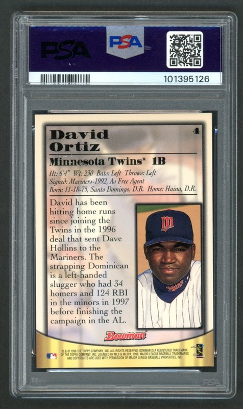 1998 Bowman David Ortiz Blue Certified AUTO #4 PSA 8 NM-MT view 2