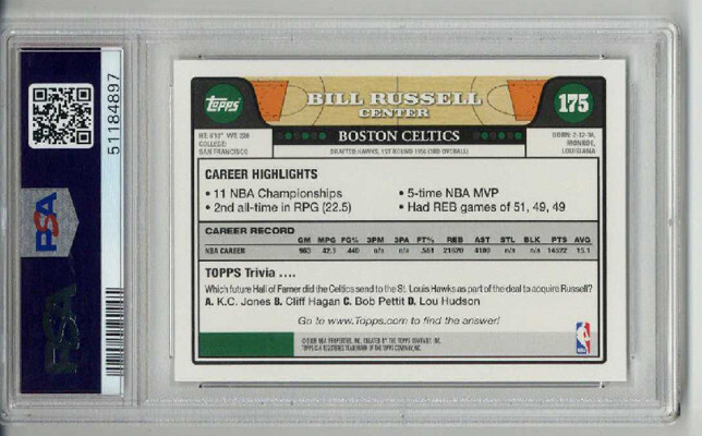 2008 TOPPS #175 BILL RUSSELL CARD BOSTON CELTICS PSA 10 GEM MINT LOW POP RARE view 2
