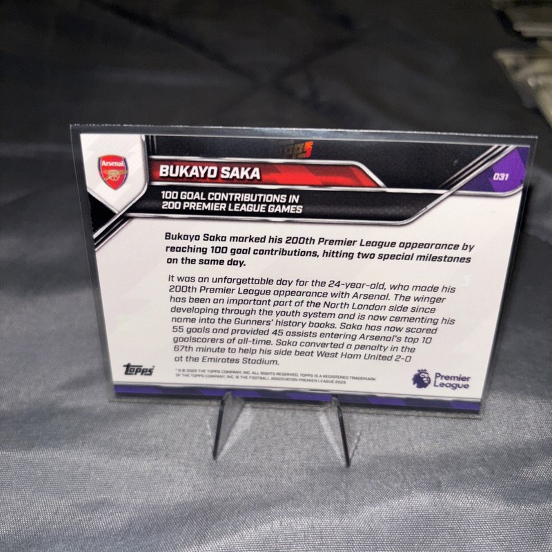 Bukayo Saka  2025-26 Premier League Topps NOW Card 31 “100 Goal Contributions” view 2