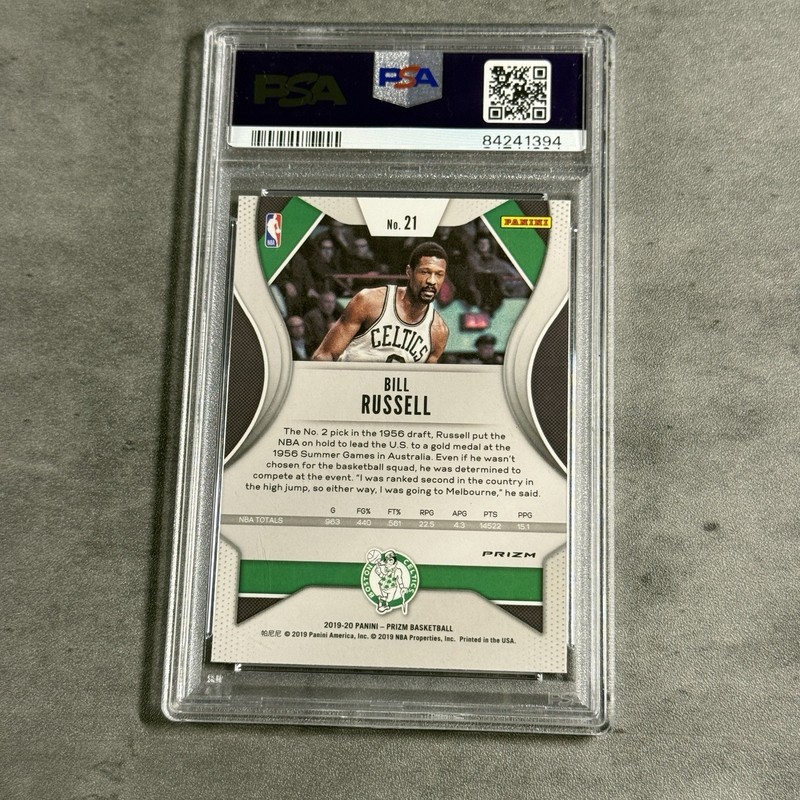 2019 Prizm Bill Russell Choice Tiger Stripe PSA 9 Case Hit SSP Celtics HOF view 2