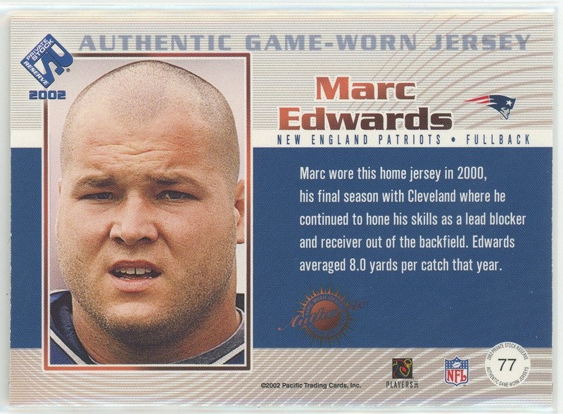 2002 Pacific Private Stock Reserve Marc Edwards Game Used Jersey Card view 2