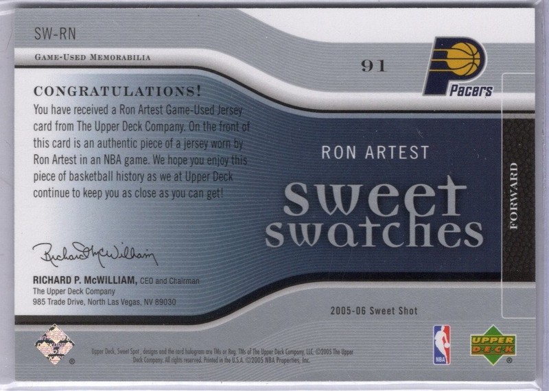 2005-2006 Sweet Shot Basketball Ron Artest Game Used Pacers Jersey Card #d view 2