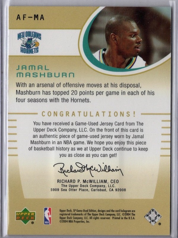 04-05 SP Game Used Basketball Jamal Mashburn Game-Used Hornets Teal Jersey Card view 2
