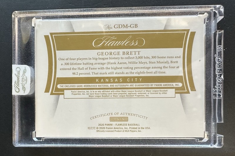 GEORGE BRETT 2020 Panini Flawless Greats - Dual Patch AUTO -KC Royals - HOF #/2 view 2