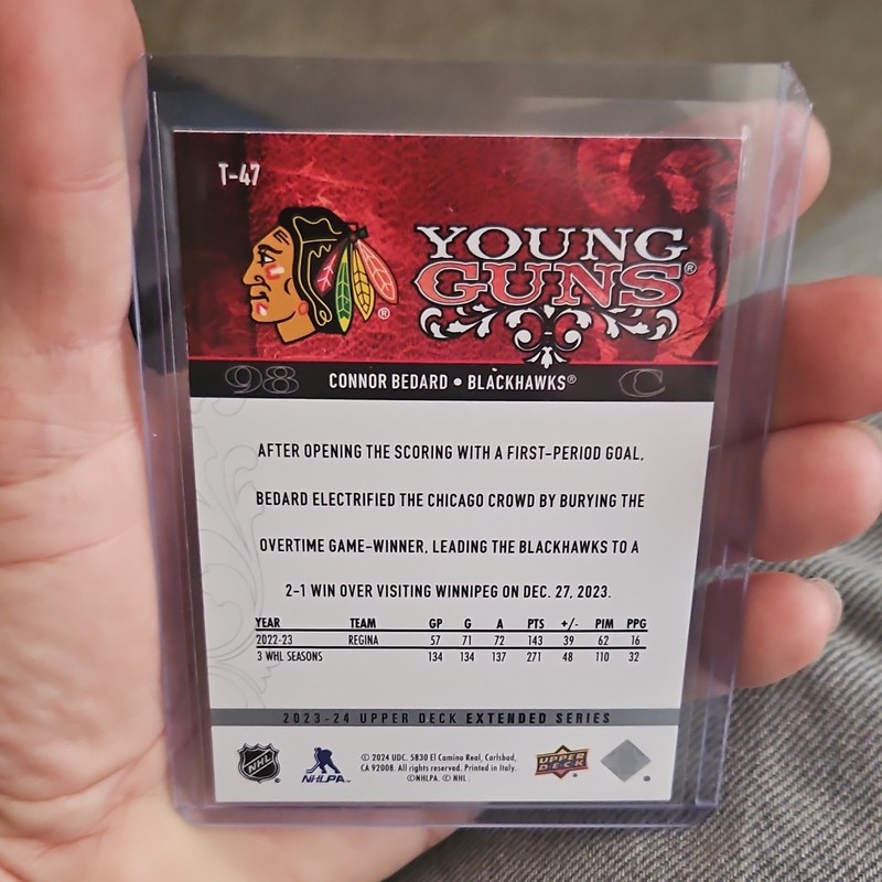 2023/24 Upper Deck Extended Series Young Guns Connor Bedard T-47 Blackhawks view 2