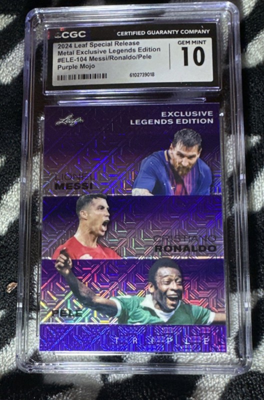 2024 Leaf Metal Legends Messi Ronaldo Pele Purple Mojo #ELE-104 /15 CGC 10 view 2