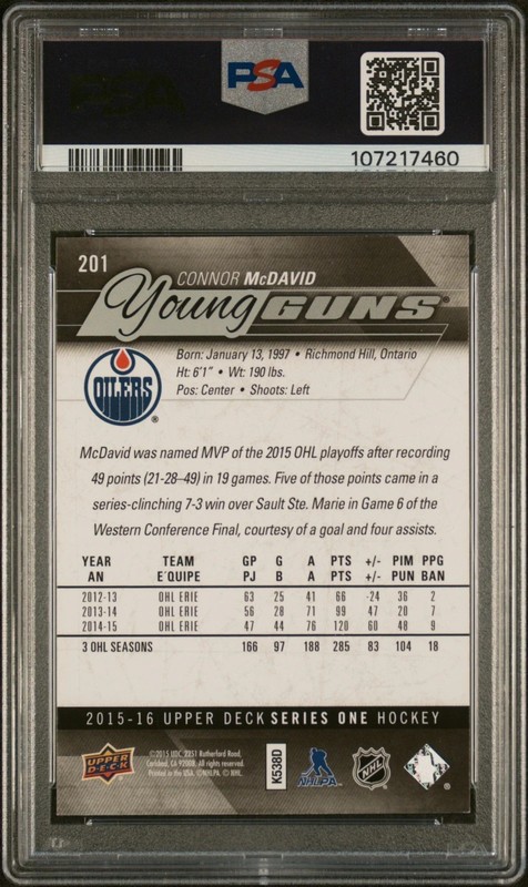 2015-16 Upper Deck Connor McDavid Rookie Young Guns #201 PSA 8 NM-MT view 2