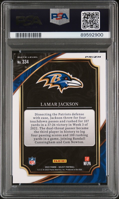 2022 Panini Select #334 Lamar Jackson Cosmic Prizm PSA 9 view 2