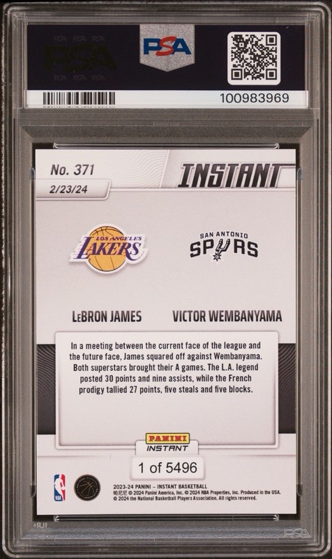2023-24 Panini Instant- LeBron James, Victor Wembanyama #371, /5496, PSA 10 view 2