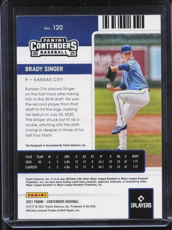 2021 Panini Contenders #120 Brady Singer Rookie Ticket Auto (A) view 2
