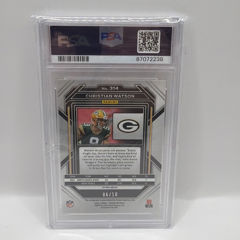 2022 Panini Prizm Christian Watson True Gold Prizm Rookie Auto PSA 9 view 2
