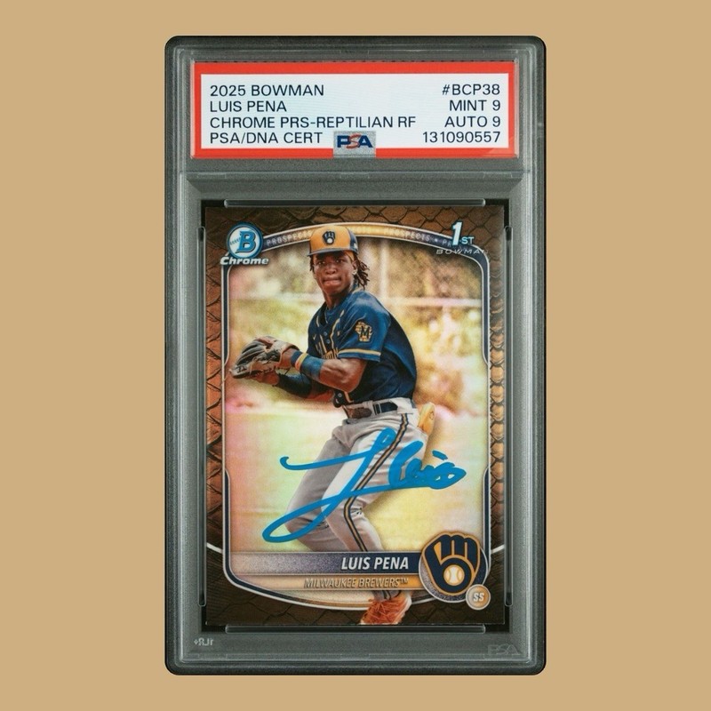 Luis Pena Rookie Auto 2025 Bowman Chrome 1st Reptilian Refr RC Auto PSA 9 & 9