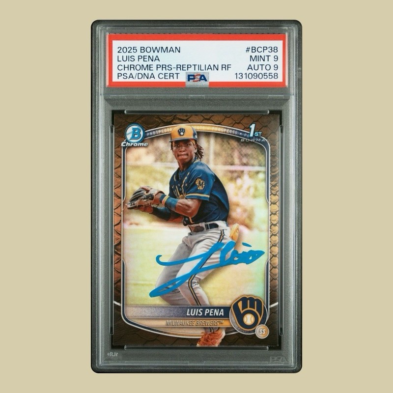 Luis Pena Rookie Auto 2025 Bowman Chrome 1st Reptilian Refr RC Auto PSA 9 & 9 view 2