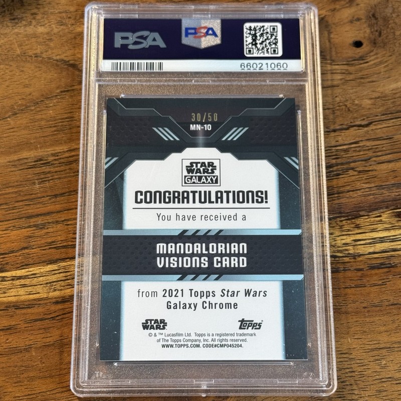 2021 Topps Star Wars Galaxy Chrome Mandalorian Visions PURPLE 30/50 #MN-10 PSA 9 view 2