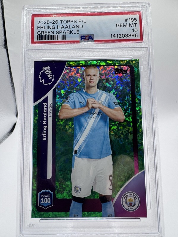 2025-26 Topps Premier League Erling Haaland Green Sparkle 67/99 PSA 10 Man City