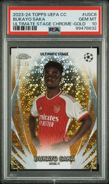 BUKAYO SAKA 2023-24 Topps UCC Ultimate Stage Chrome GOLD /50 PSA 10 GEM *gb