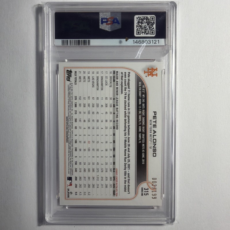 2022 Topps #315 Pete Alonso Red Foilboard 002/199 PSA 10 POP 1 view 2