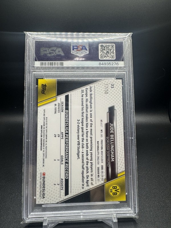 Jude Bellingham 2021-22 Topps Bundesliga #32 Gold Wave /50 PSA 10 view 2