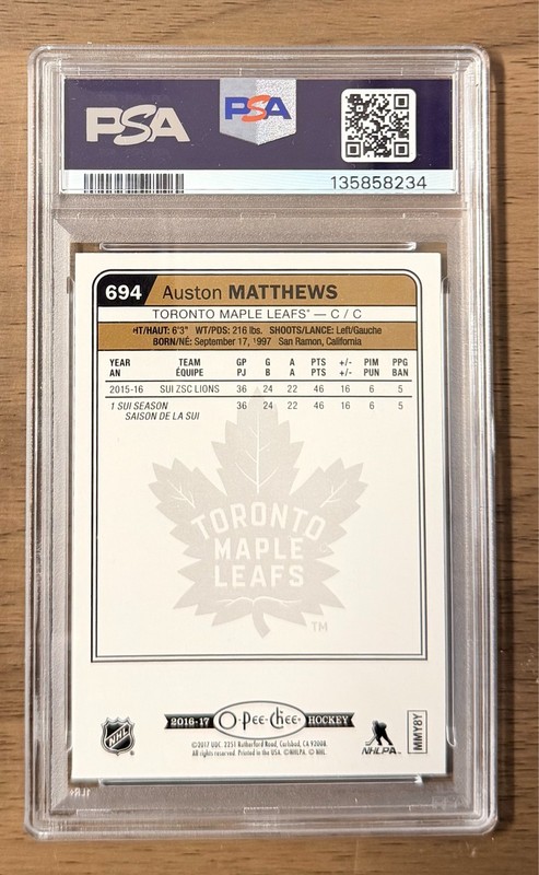 2016-17 O-Pee-Chee Update Rainbow Foil Rookie #694 Auston Matthews PSA 8 NM-MT view 2