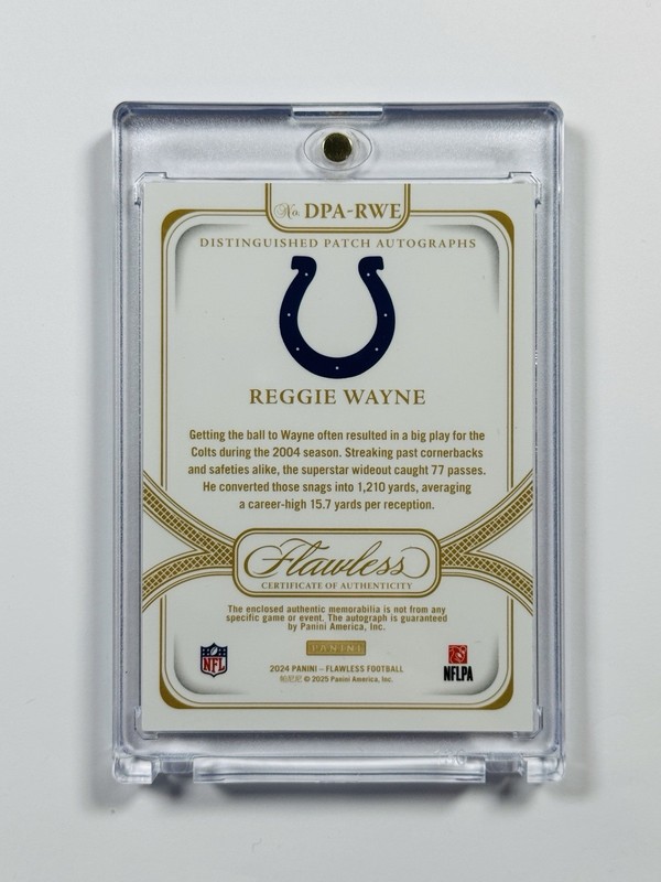 2023 FLAWLESS REGGIE WAYNE #DPA-RWE GOLD PATCH AUTO /25 view 2