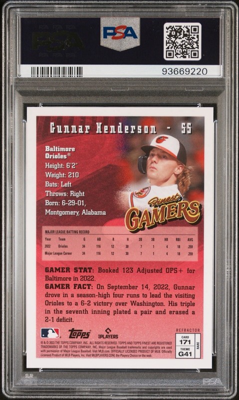 2023 TOPPS FINEST FLASHBACKS GUNNAR HENDERSON (RC) GOLD REF - RARE #171 PSA 10 view 2