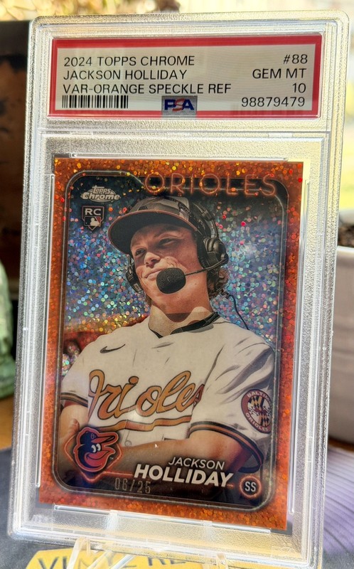 JACKSON HOLLIDAY RC TOPPS Chrome ORANGE SPECKLE VAR /25 Orioles PSA 10
