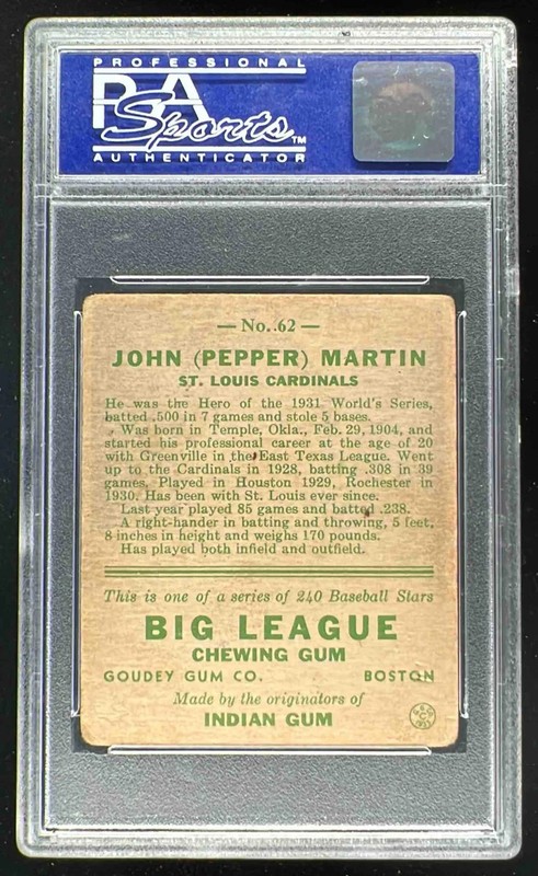 1933 Goudey #62 Pepper Martin RC PSA 3 view 2