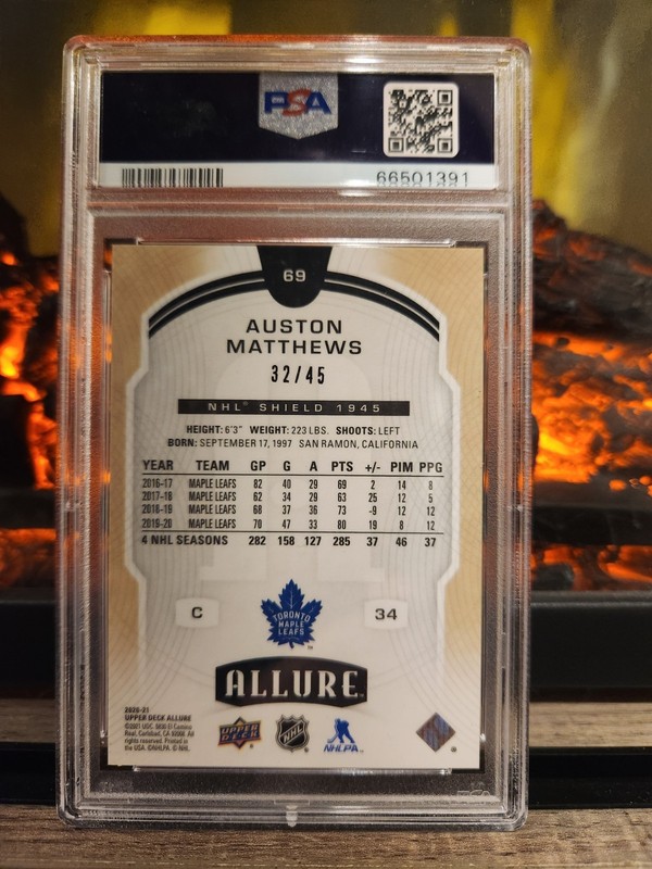 2020-21 Upper Deck Allure Auston Matthews #69 1945 NHL Shield #/45 PSA 9 view 2