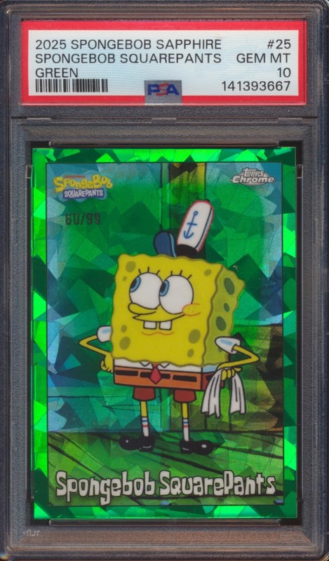 2025 SPONGEBOB SAPPHIRE SPONGEBOB SQUAREPANTS #25 GREEN REFRACTOR /99 PSA 10!