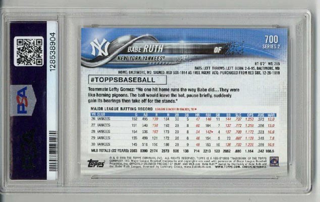 2018 TOPPS LEGENDS PHOTO VARIATION #700 BABE RUTH CARD YANKEES PSA 10 SP LOW POP view 2