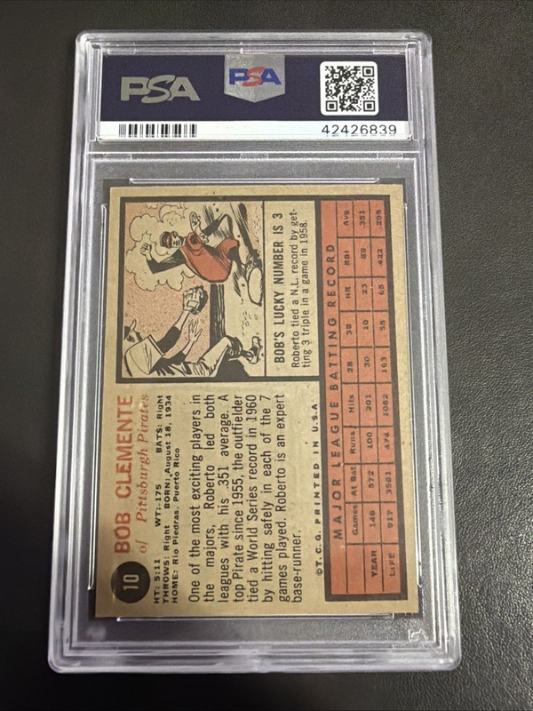1962 TOPPS #10 ROBERTO CLEMENTE HOF PITTSBURGH PIRATES PSA EX-MT 6 view 2