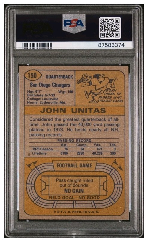 1974 Topps #150 Johnny Unitas (HOF) PSA  7 view 2