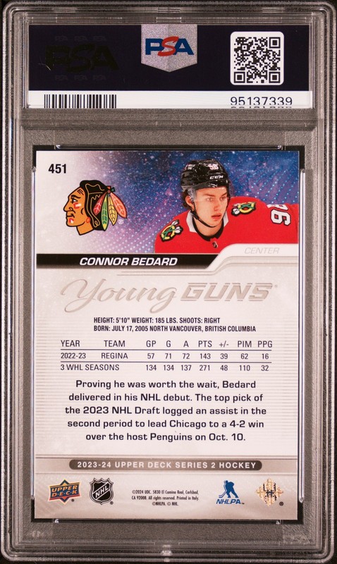 2023 Upper Deck #451 Connor Bedard Outburst PSA 10 view 2