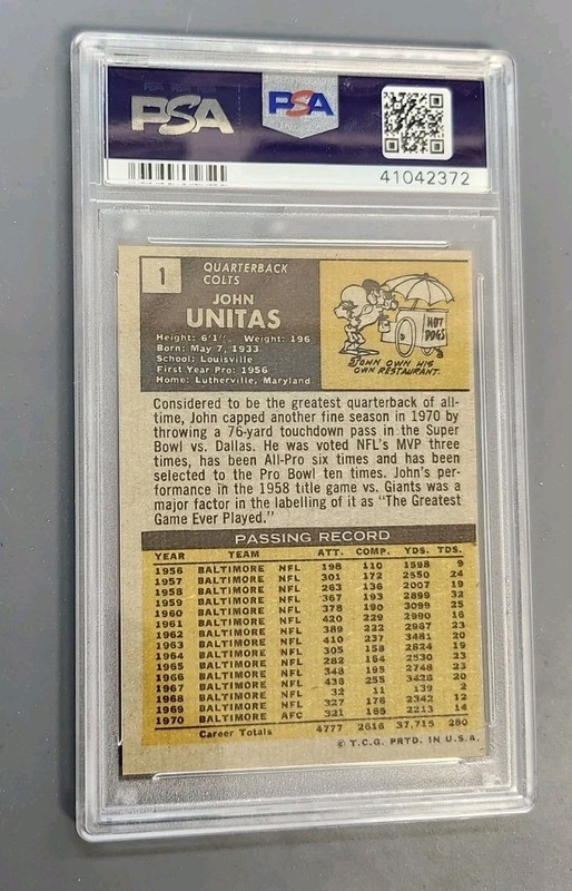 1971 Topps #1 Johnny Unitas (HOF) PSA 7 view 2