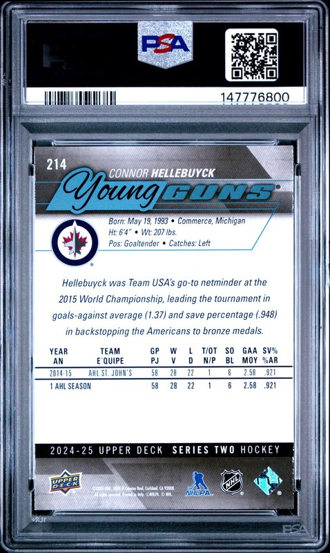 2024 Upper Deck Young Guns Renewed #214 Connor Hellebuyck PSA 9 view 2