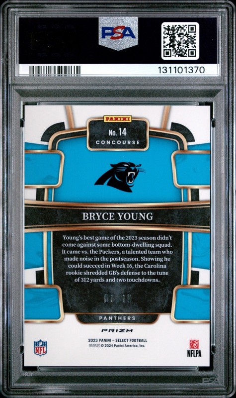 BRYCE YOUNG 2023 SELECT #14 GOLD PRIZM /10 ROOKIE PSA 9 view 2
