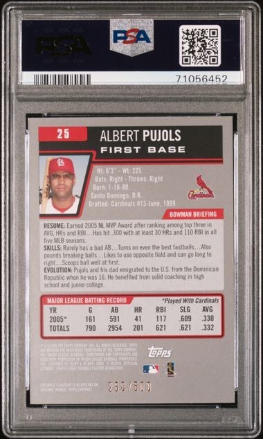 2006 Bowman ALBERT PUJOLS Cardinals BLUE 260/500 Parallel Card # 25 PSA 7 Pop 1 view 2