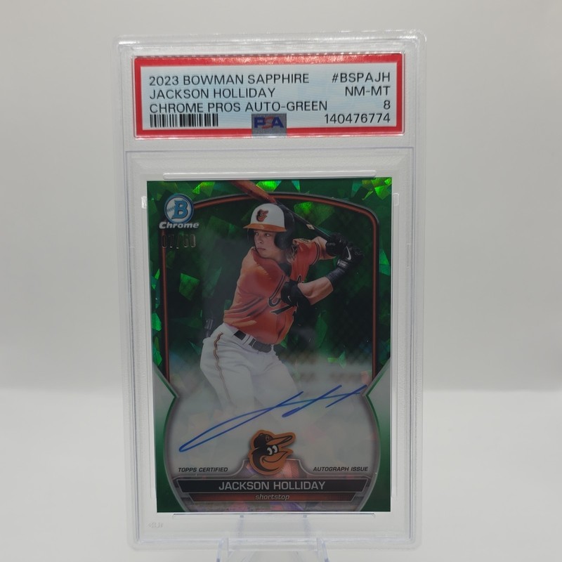 2023 Jackson Holliday PSA 8 Bowman Sapphire Chrome Pros Auto Green 11/50