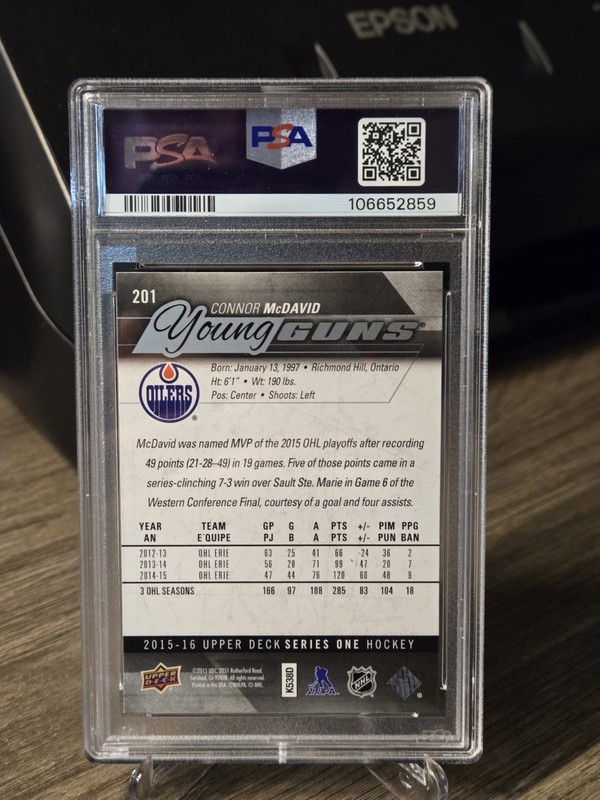 Connor McDavid Young Guns RC PSA 9 2015-16 Upper Deck Edmonton Oilers 201 ROOKIE view 2
