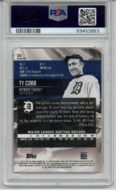 2021 TOPPS STADIUM CLUB CHROME REFRACTOR #236 TY COBB TIGERS PSA 10 LOW POP RARE view 2