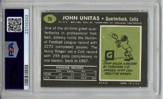 1969 TOPPS #25 JOHNNY UNITAS FOOTBALL CARD BALTIMORE COLTS PSA 7 LOW POP RARE view 2