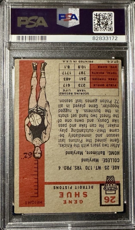 1957 Topps #26 Gene Shue Signed RC Pistons Rookie Auto PSA Auth DNA 10 Auto view 2