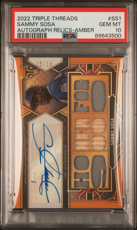 2022 TOPPS TRIPLE THREADS SAMMY SOSA AUTO RELICS AMBER /18 #SS1 PSA 10 CUBS POP1