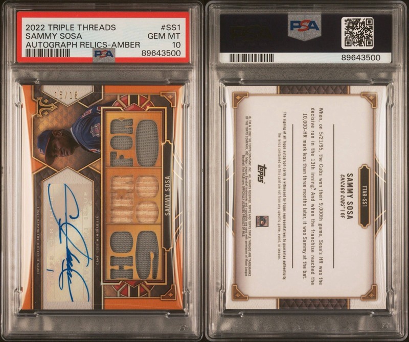 2022 TOPPS TRIPLE THREADS SAMMY SOSA AUTO RELICS AMBER /18 #SS1 PSA 10 CUBS POP1 view 2