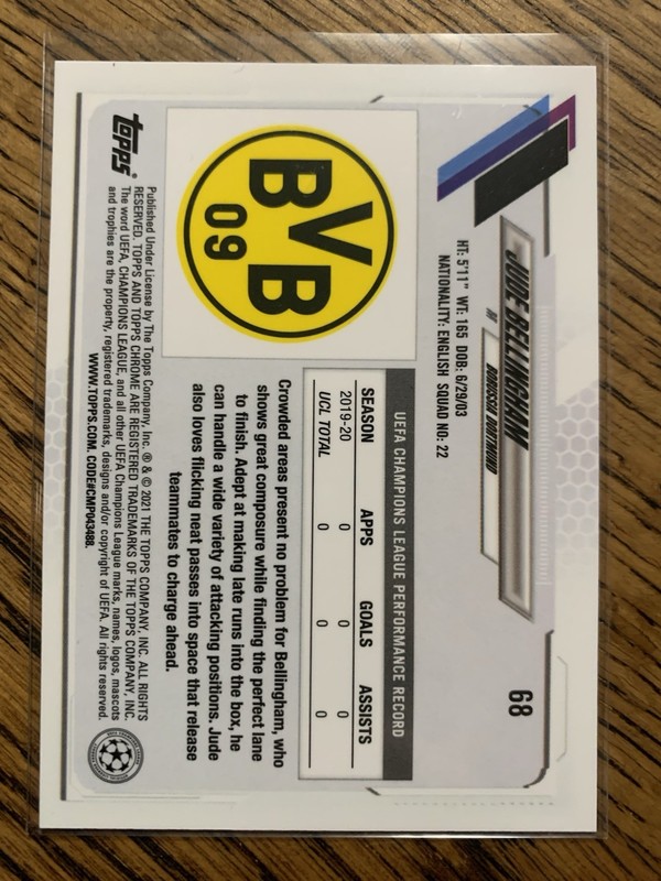 2020-21 Topps Chrome Jude Bellingham RC #68 Dortmund Rookie Card view 2