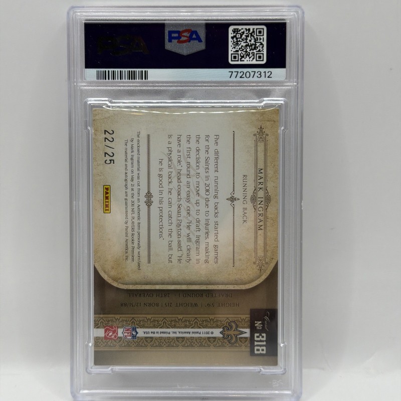 2011 Playoff National Treasures Rookie 22/25 Mark Ingram PSA 8 Patch Auto view 2