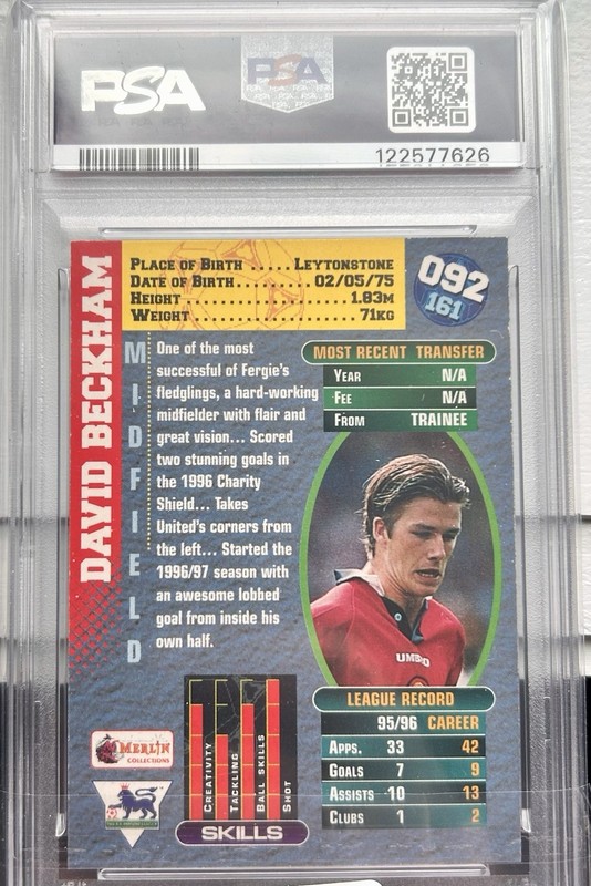 1996-97 Merlin’s David Beckham Rookie RC Premier Gold PSA 9 Man Utd England view 2